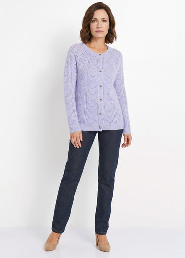 Gilet cardigan boutonné chiné ajouré col rond Parme