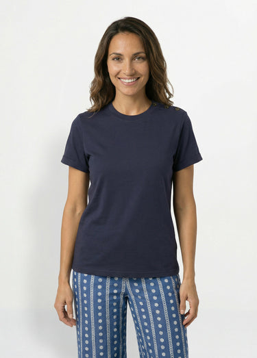 T-shirt col rond avec épaule boutonnée Marine