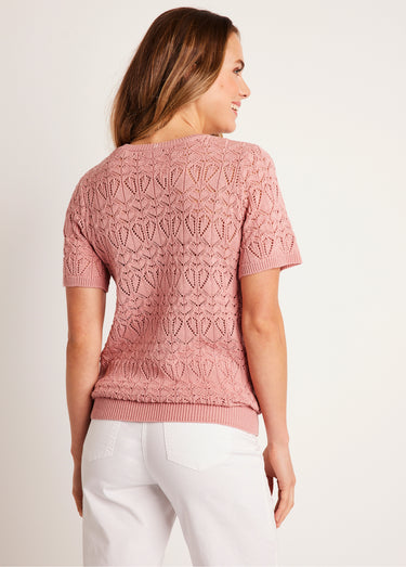 Pull fin ajouré coton manches courtes Rose Poudre