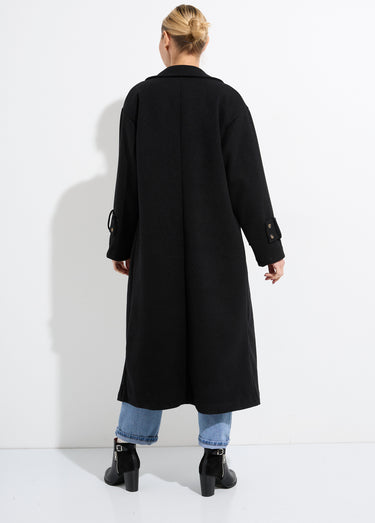 Manteau long chic façon drap de laine Noir