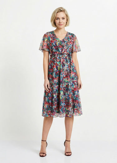 Robe courte dentelle fleurie évasée Fuchsia/Bleu
