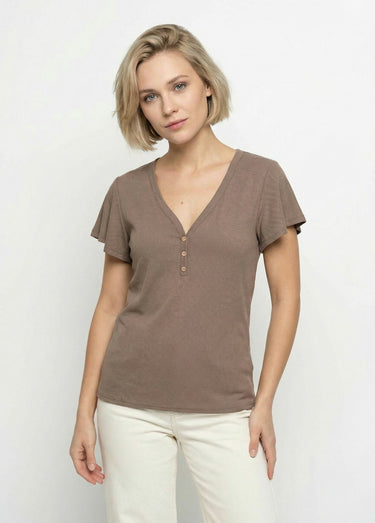 T-shirt col V jersey cotelé, Essentiel Taupe