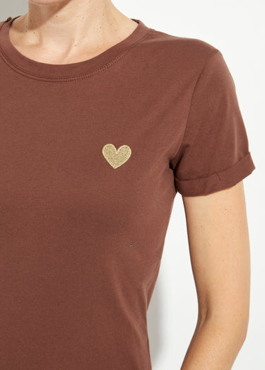 T-shirt col rond broderie coeur poitrine Marron