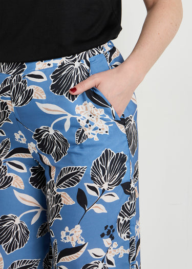 Pantalon satiné, motif fleurs d'Orient Bleu Imprime