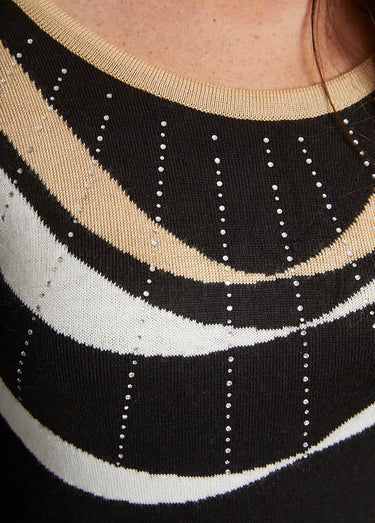 Pull court jacquard strassé col rond Noir/Beige