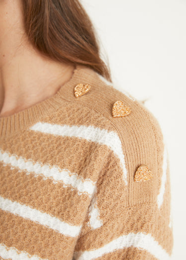 Pull doux rayé col rond maille fantaisie Camel/Ecru
