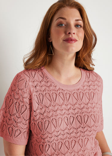 Pull fin ajouré coton manches courtes Rose Poudre