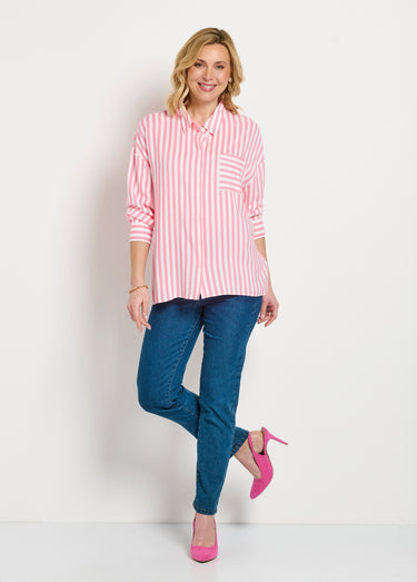 Chemisier fluide rayé long manches longues Rose / Blanc