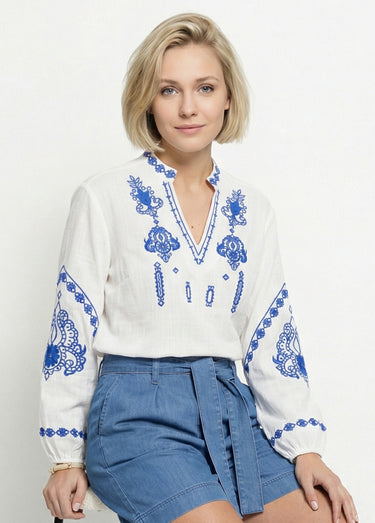Tunique coton brodé sequins manches 3/4 Blanc/Bleu