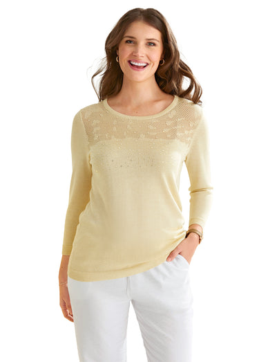 Pull maille scintillante finition strassée Jaune