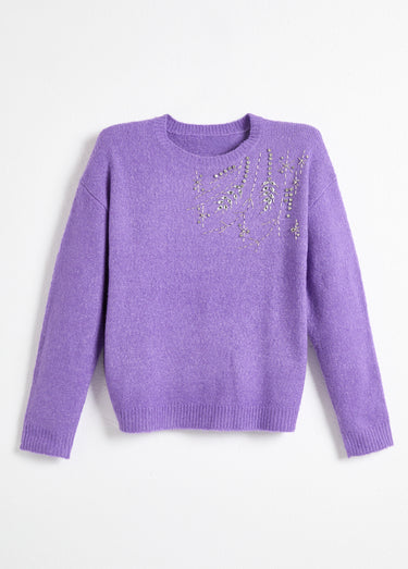 Pull doux col rond avec strass et sequins Violet