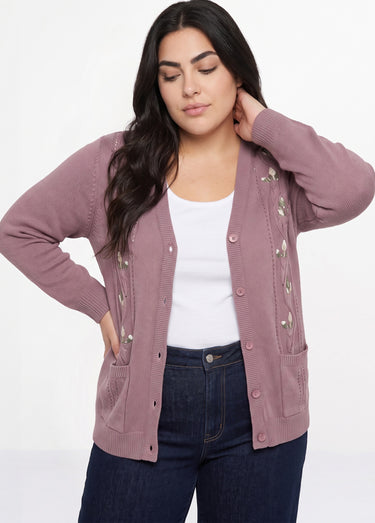 Gilet long boutonné brodé perlé col V Cyclamen