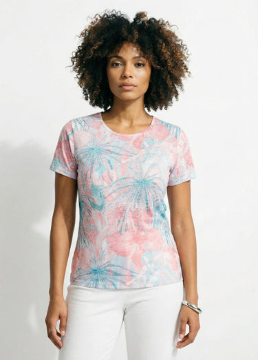 T-shirt court motif et strass col rond Aqua/Rose
