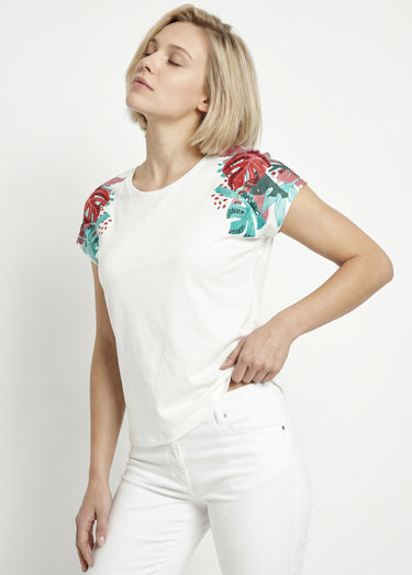 T-shirt court blanc motif sequins col rond Fond Blanc