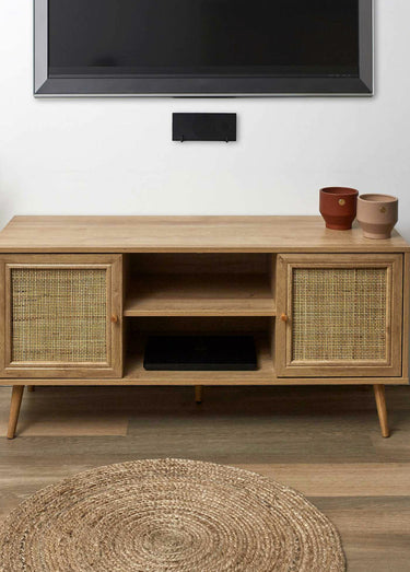 Meuble TV bas en bois et cannage Marron