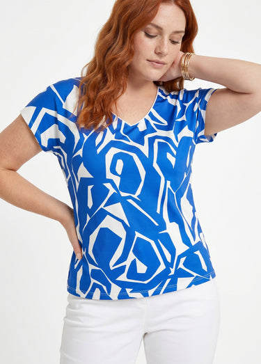 T-shirt droit court col V imprimé graphique Bleu / Blanc