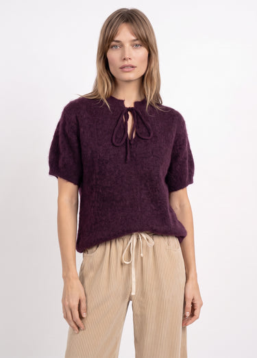 Pull manches courtes doux avec laine Bordeaux