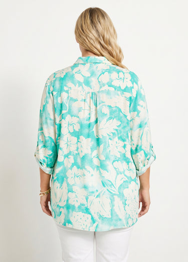 Chemisier ample long fleuri Vert/Blanc