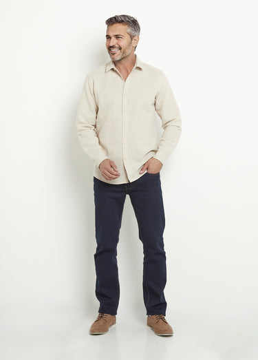Chemise lin chic col droit manches longues Beige