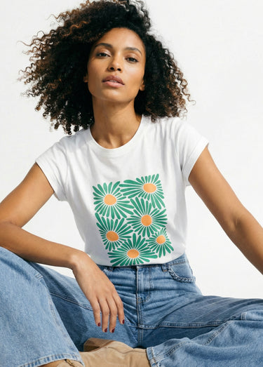 T-shirt col rond avec fleurs stylisées Blanc imprimé