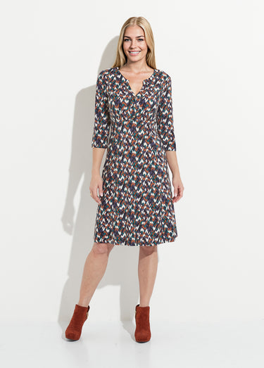 Robe courte évasée manches 3/4 imprimé graphique Marine/Vert