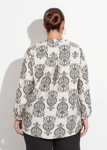 Blouse col V boutonné imprimé broderies Écru / Noir