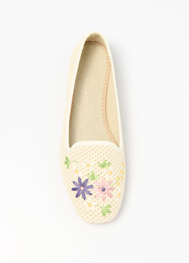 Ballerines ouvertes textile brodé talon plat Beige