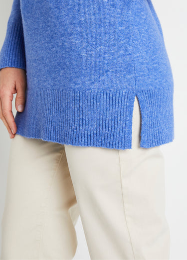 Pull tunique chiné long col V avec laine Bleu
