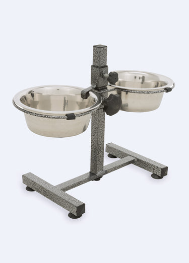 Bar 2 gamelles acier + support réglable Noir/Inox