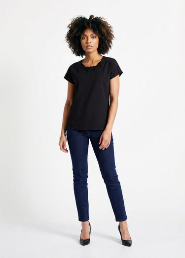 Top long manches courtes broderies col rond Noir