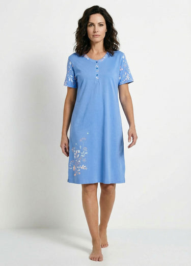 Chemise de nuit courte col tunisien coton Bleu