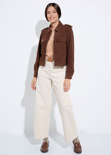 Blouson zippé court velours grosses cotes Marron
