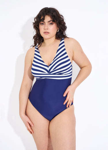 Maillot de bain 1 pièce décolleté V drapé rayé Marine / Blanc