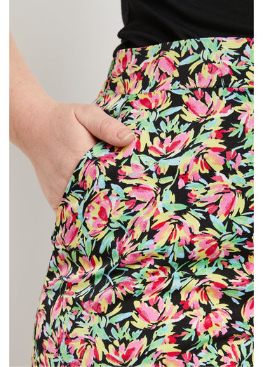 Pantalon taille semi-élastiquée satin fleuri Vert/Rose