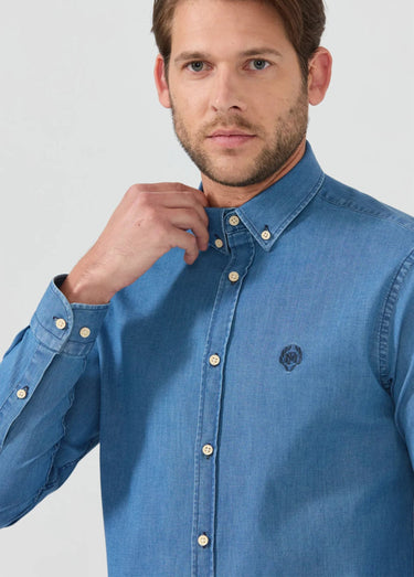 Chemise chambray casual manches longues Bleu Fonce