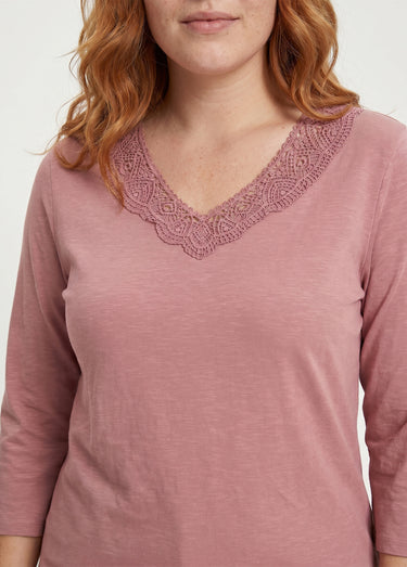 T-shirt manches 3/4 coton et macramé Rose