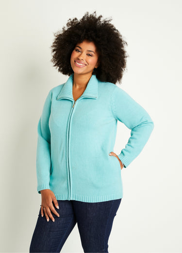 Gilet zippé long uni col montant Aqua