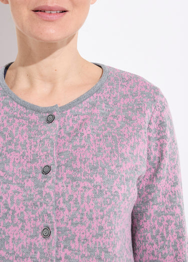 Gilet cardigan boutonné jacquard col rond Rose/Gris