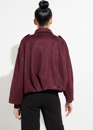 Veste oversize suédine, taille resserrée Prune
