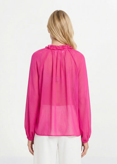 Chemisier volanté voile uni et col V Magenta
