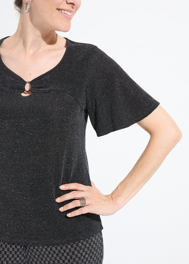 T-shirt brillant manches courtes col rond bijou Noir/Argent