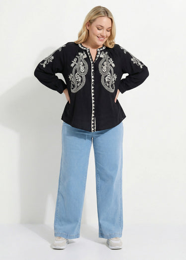 Blouse avec broderies et petit col V Noir/Ecru