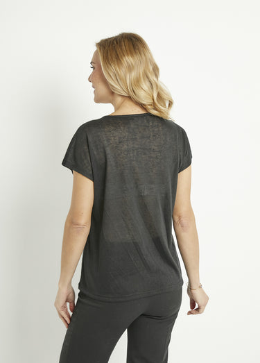 T-shirt col rond maille flammée motif doré Noir