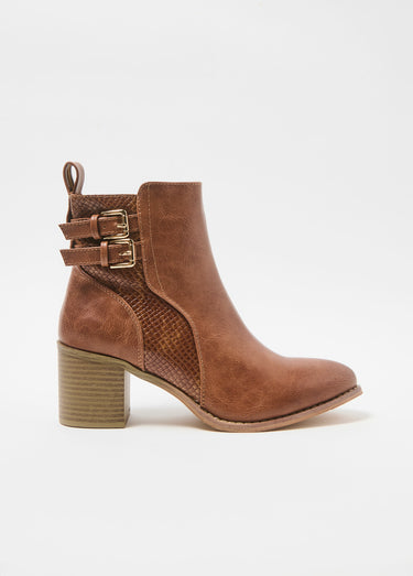 Boots à talon empiècement effet reptile Camel