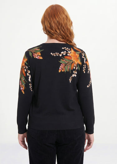 Pull chaud col rond imprimé floral manches longues Noir