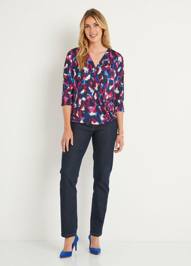 T-shirt blousant cache-coeur manches 3/4 Rose / Bleu