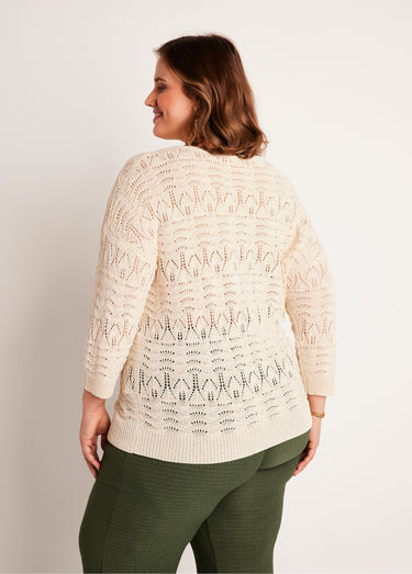 Pull manches 3/4 motif ajouré col V Ficelle