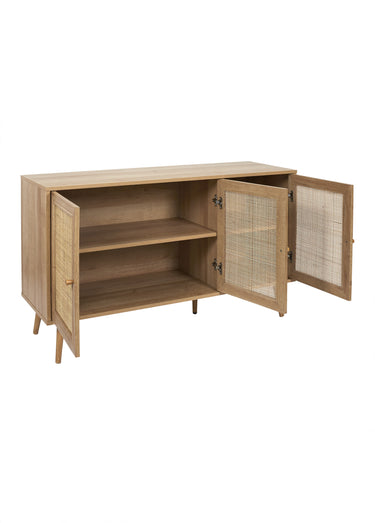 Buffet bas 3 portes, en bois et cannage Marron