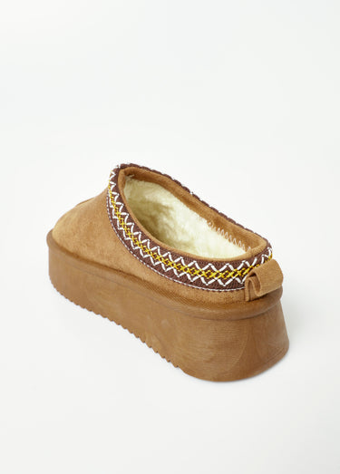 Mules effet daim fourrées et compensées Camel
