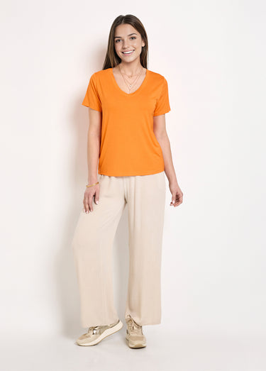T-shirt fluide col V manches courtes Orange